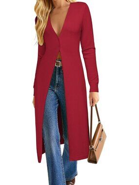 Women's Red Long Cardigan Trendy Knit Dusters Coat V Neck Button Up Sweaters